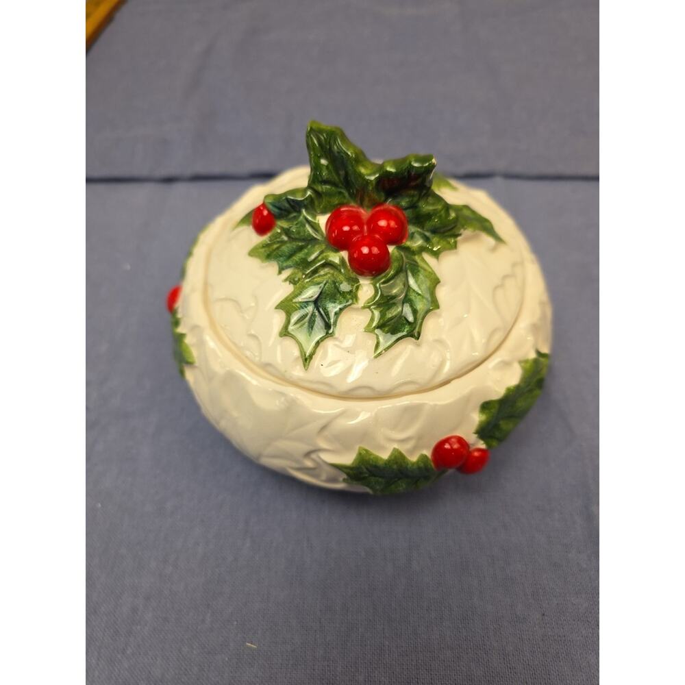 Vintage LEFTON Holly Berry‎ Christmas Covered Candy Dish Bowl #6064 JAPAN